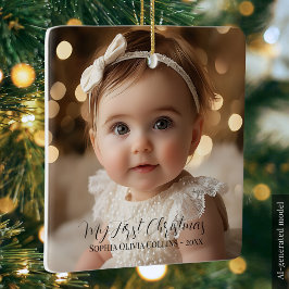 赤ちゃんの初めてのクリスマス ミニマリスト手書き風 2 枚の写真 セラミックオーナメント