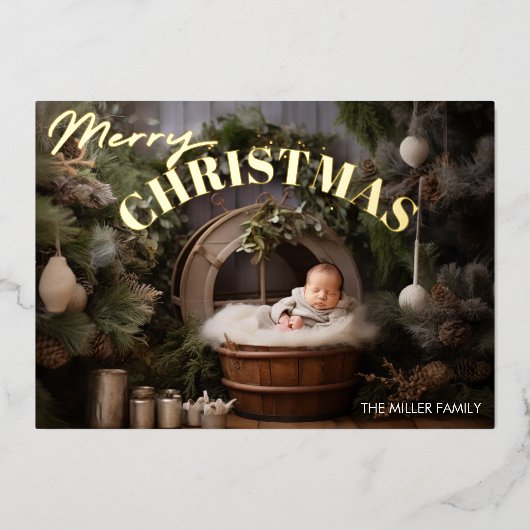 赤ちゃんの初めてのクリスマス　モダンなタイポグラフィ　1枚の写真 箔シーズンカード (正面)