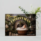 赤ちゃんの初めてのクリスマス　モダンなタイポグラフィ　1枚の写真 箔シーズンカード (立ち正面)