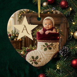 赤ちゃんの初めてのクリスマス モノグラム+遊び心のある写真 セラミックオーナメント
