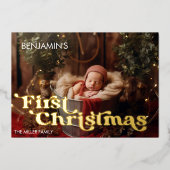 赤ちゃんの初めてのクリスマス　レトロタイポグラフィー1 フォト 箔シーズンカード (正面)