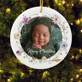赤ちゃんの初めてのクリスマス 写真 ボタニカル セラミックオーナメント