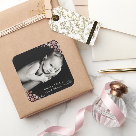 赤ちゃんの初めてのクリスマス 冬の雪の結晶 写真 誕生日 スクエアシール (ギフト)