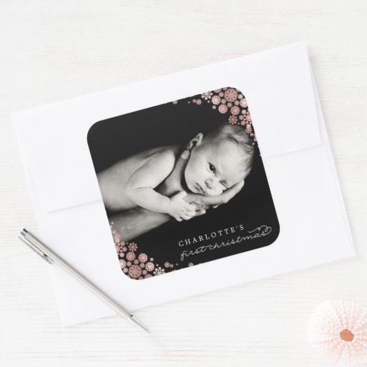 赤ちゃんの初めてのクリスマス 冬の雪の結晶 写真 誕生日 スクエアシール (封筒)