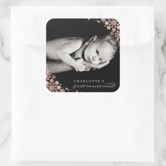 赤ちゃんの初めてのクリスマス 冬の雪の結晶 写真 誕生日 スクエアシール (バッグ)