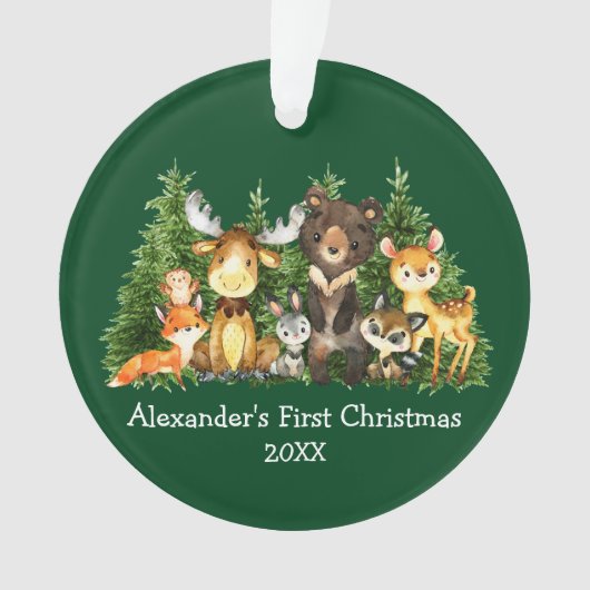 赤ちゃんの初めてのクリスマス　動物　緑 - 写真裏面 オーナメント (正面)