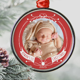 赤ちゃんの初めてのクリスマス 名前と年号入りフォト メタルオーナメント