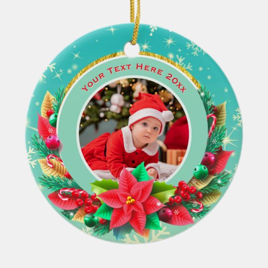 赤ちゃんの初めてのクリスマス 名前入りフォトキーペス セラミックオーナメント (正面)