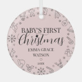 赤ちゃんの初めてのクリスマス 名前入り ピンクの記念品 ガラスオーナメント (正面)