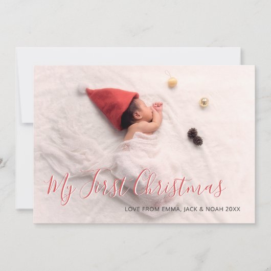 赤ちゃんの初めてのクリスマス　家族写真　赤いスクリプト シーズンカード (正面)