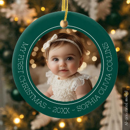 赤ちゃんの初めてのクリスマス 緑色のモダンな新生児の写真 セラミックオーナメント