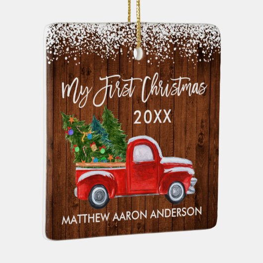 赤ちゃんの初めてのクリスマス 赤いトラック 木の雪 セラミックオーナメント (右)