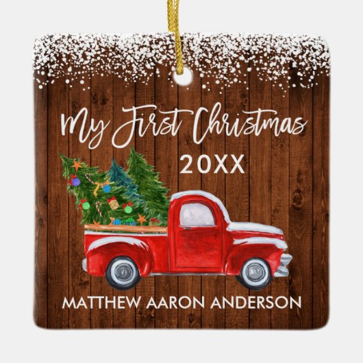 赤ちゃんの初めてのクリスマス 赤いトラック 木の雪 セラミックオーナメント (正面)