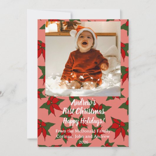 赤ちゃんの初めてのクリスマス 赤い写真のホリデーカード 招待状 (正面)