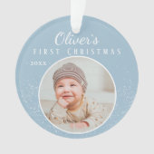 赤ちゃんの初めてのクリスマス 青い赤ちゃん男の子の写真 オーナメント (正面)
