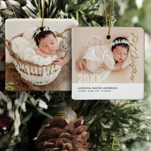 赤ちゃんの初めてのクリスマス 2枚の写真 名前と出生詳細 セラミックオーナメント