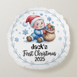 赤ちゃんの初めてのクリスマス 2025 丸いクッション – 編集可能 ラウンドクッション