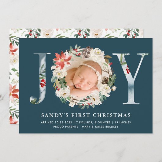 赤ちゃんの初めてのクリスマス JOY ポインセチア 花の写真 シーズンカード (正面/裏面)