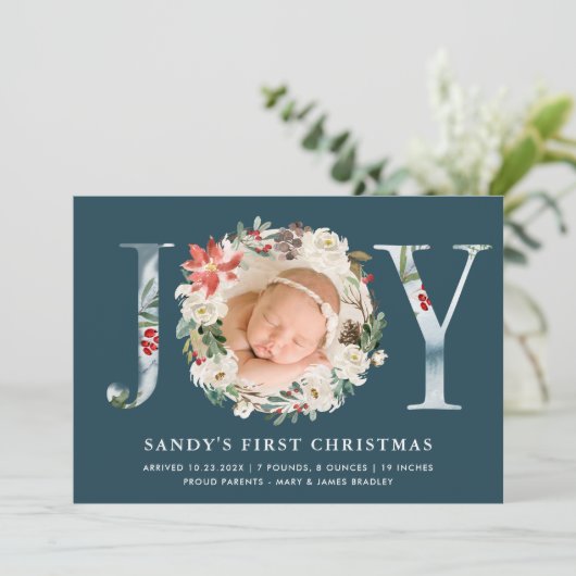 赤ちゃんの初めてのクリスマス JOY ポインセチア 花の写真 シーズンカード (スタンド正面)