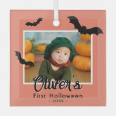 赤ちゃんの初めてのハロウィン 黒いコウモリの写真 ガラスオーナメント (正面)