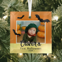 赤ちゃんの初めてのハロウィン 黒いコウモリ 写真 ガラスオーナメント