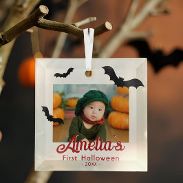 赤ちゃんの初めてのハロウィン 黒いコウモリ 写真 ガラスオーナメント