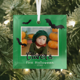 赤ちゃんの初めてのハロウィン 黒いコウモリ 写真 ガラスオーナメント