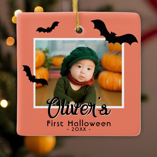 赤ちゃんの初めてのハロウィン 黒いコウモリ 写真  セラミックオーナメント