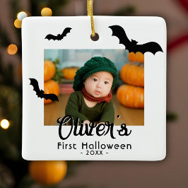赤ちゃんの初めてのハロウィン 黒コウモリ 写真 セラミックオーナメント