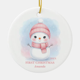 赤ちゃんの初クリスマス ピンクの雪だるまの写真 セラミックオーナメント