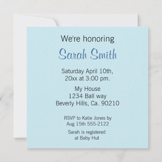 赤ちゃんの動物とストライプの青いベビーシャワー 招待状 (裏面)