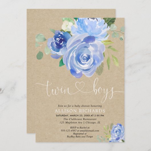赤ちゃんの双子の少年たちが、田舎風の青いフローラクラフトを浴びる 招待状 (正面/裏面)