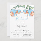 赤ちゃんの双子ベビーシャワー ママの腕に赤ちゃんの男の子 ユーカリの葉 招待状 (正面)