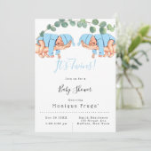 赤ちゃんの双子ベビーシャワー ママの腕に赤ちゃんの男の子 ユーカリの葉 招待状 (スタンド正面)