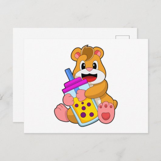 赤ちゃんの哺乳瓶ジュースを持つハムスター ポストカード (正面/裏面)