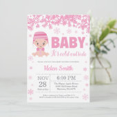 赤ちゃんの外は寒いよ 冬 ピンクの女の子 ベビーシャワー 招待状 (スタンド正面)