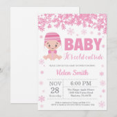 赤ちゃんの外は寒いよ 冬 ピンクの女の子 ベビーシャワー 招待状 (正面/裏面)
