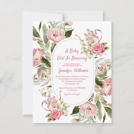 赤ちゃんの女の子が植物の茶葉のパーティー 赤ちゃんの歓迎会 招待状 (正面)