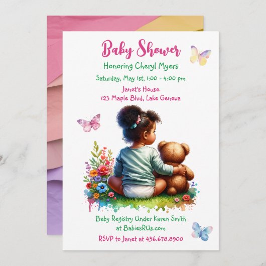 赤ちゃんの女の子とテディベア | 女の子のベビーシャワー 招待状 (正面/裏面)