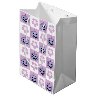 赤ちゃんの女の子のためのピンクパープルハロウィーンチェッカーボード ミディアムペーパーバッグ