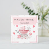 赤ちゃんの女の子のベビーカーとハートの愛らしいメッセージ 招待状 (スタンド正面)