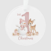 赤ちゃんの女の子の最初のクリスマス 雪だるまと鹿 オーナメント (正面)