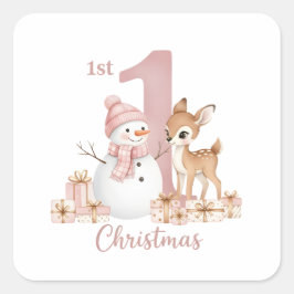 赤ちゃんの女の子の最初のクリスマス 雪だるまと鹿 スクエアシール