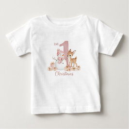 赤ちゃんの女の子の最初のクリスマス 雪だるまと鹿 ベビーTシャツ