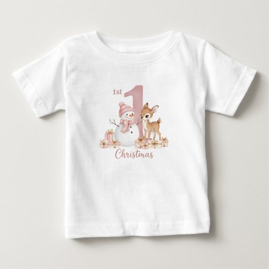 赤ちゃんの女の子の最初のクリスマス 雪だるまと鹿 ベビーTシャツ (正面)