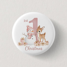 赤ちゃんの女の子の最初のクリスマス 雪だるまと鹿 缶バッジ
