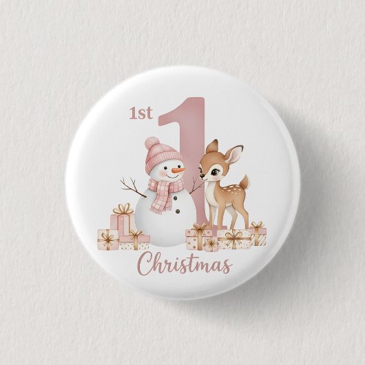 赤ちゃんの女の子の最初のクリスマス 雪だるまと鹿 缶バッジ (正面)