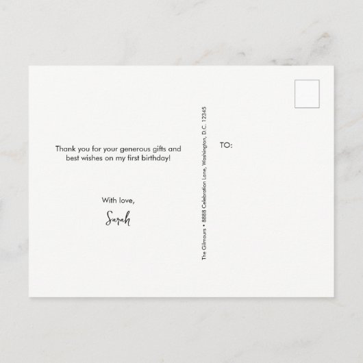 赤ちゃんの女の子の最初の誕生日ありがとう写真 ポストカード (裏面)
