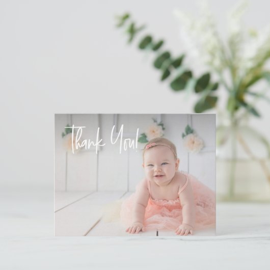 赤ちゃんの女の子の最初の誕生日ありがとう写真 ポストカード (スタンド正面)