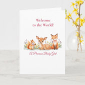 赤ちゃんの女の子の歓迎 森の動物 鹿 キツネ リス カード (黄色い花)